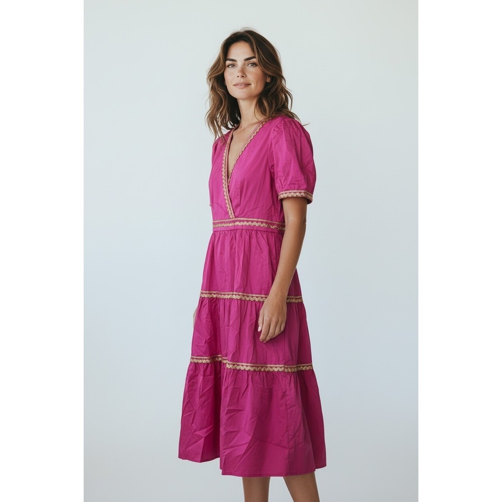 Flora Bea NYC Azaria Dress Pink Gold Ric Rac Trim Cotton Midi XL FF6837PRR